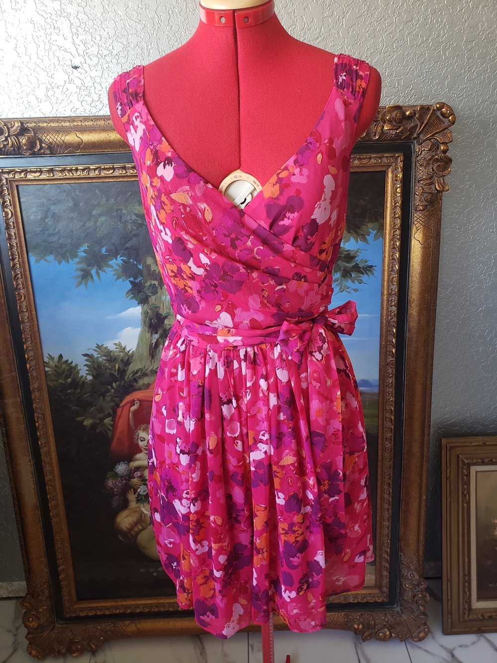 Express Hot Pink Multi-Color Floral Wrap Mini Dress
